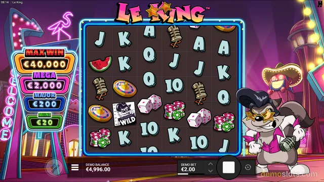 A brightly rendered online slot game interface titled Le King featuring a 5x5 grid of symbols set against a neon casino background.