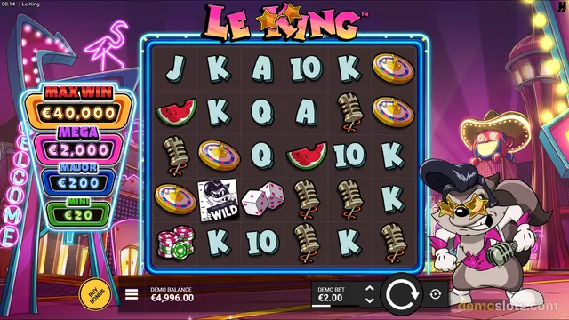 A slot game titled Le King showing a 6x5 grid of symbols on a purple neon casino-themed background with a wolf mascot character on the right.