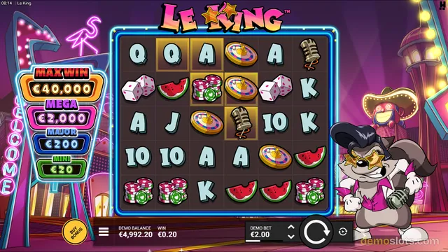 A fully rendered 6x5 slot grid for the game Le King, showing various symbols including a raccoon mascot, dice, and watermelon slices against a neon-lit casino background.