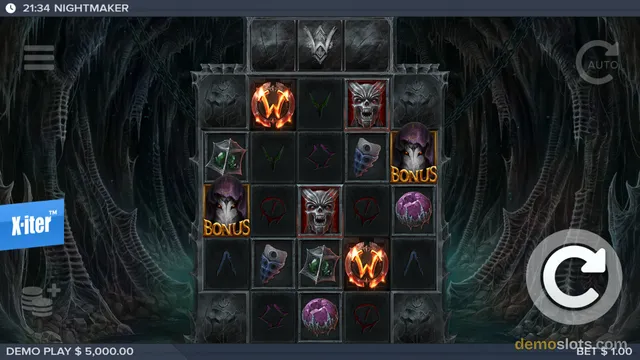 A fully rendered 5x5 slot grid displays a dark, gothic-themed game with visible bonus symbols and a balance of $5,000.00 in demo mode.