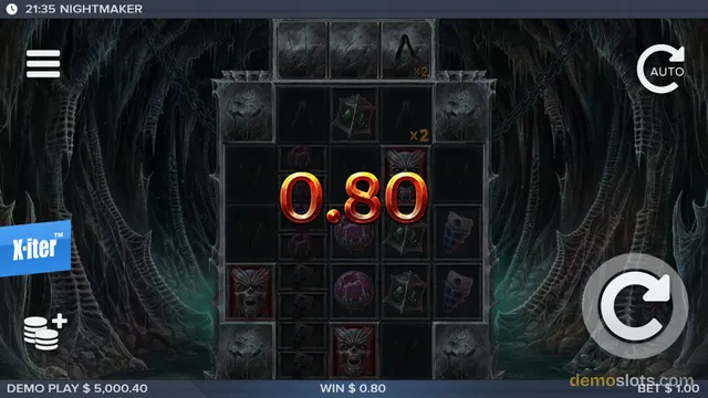 A screenshot of the Nightmaker slot game showing a 5x5 grid of symbols with a large 0.80 win amount displayed in the center.