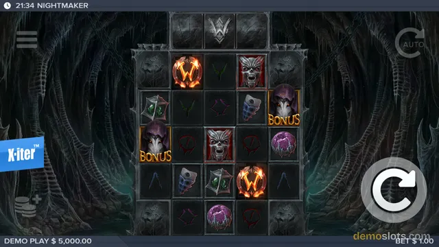 A dark, gothic-themed slot machine grid displaying various skull and gem symbols with a demo play balance of $5,000.00 at the bottom left.