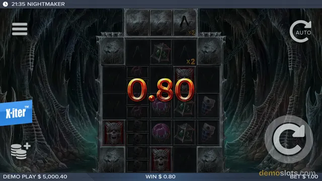 A dark, gothic-themed slot game grid is centered on screen with a large 0.80 win display overlaid in the middle, surrounded by control buttons and a dark background of twisted organic shapes.