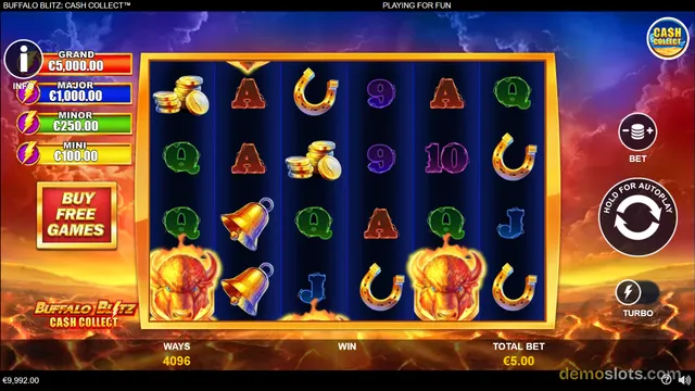 A 4-row by 6-column slot game grid titled Buffalo Blitz Cash Collect is displayed with symbols including buffalo heads, coins, bells, and card letters.