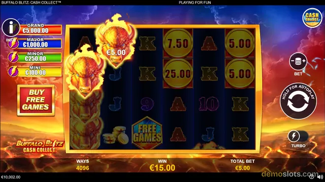 A 5-reel slot game grid showing buffalo symbols with cash values and coin symbols, with jackpot prizes listed on the left and a win of €15.00.