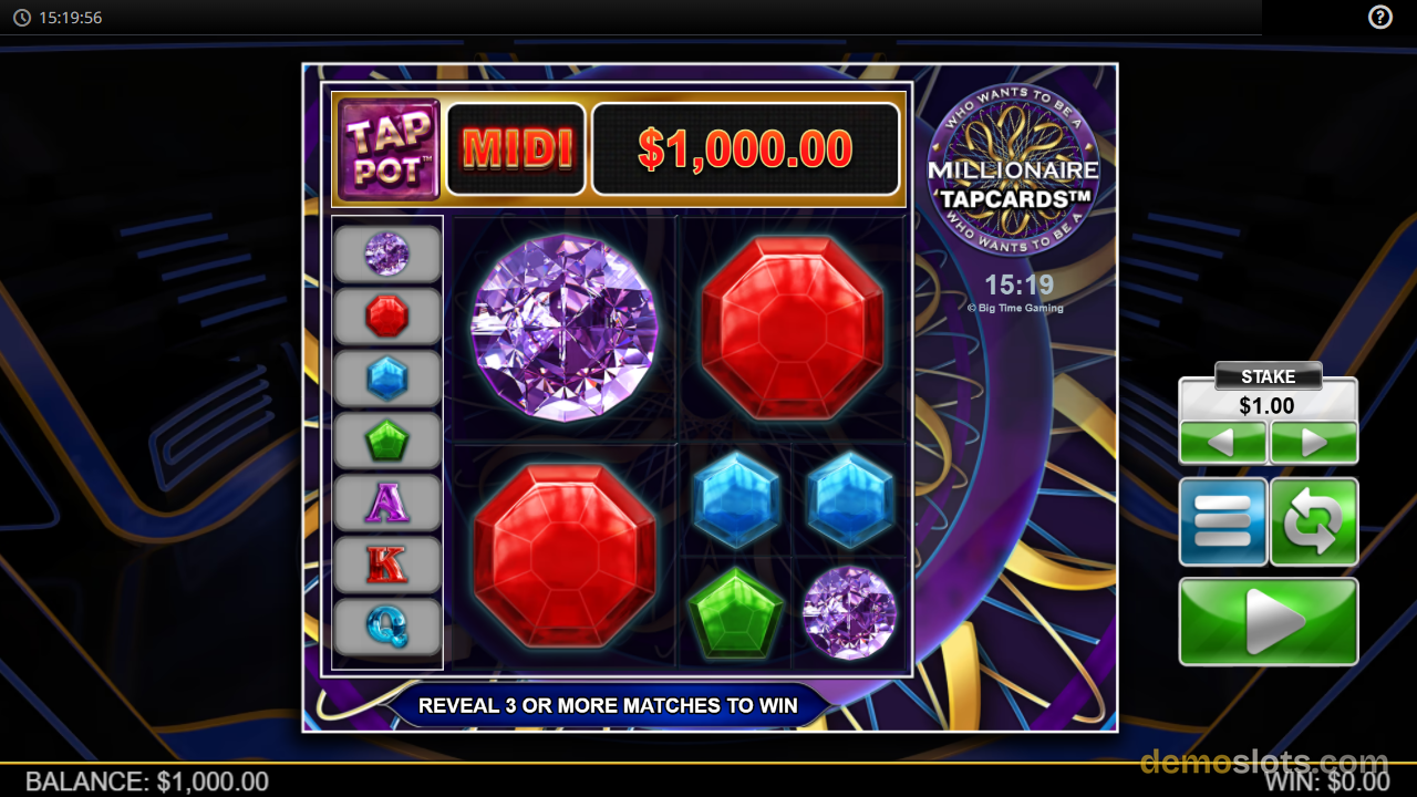 A slot game grid showing gem symbols with a Tap Pot MIDI feature and a £1,000.00 top prize.