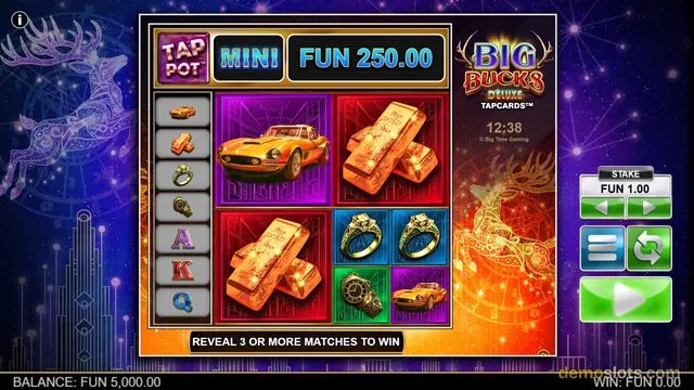 Big Bucks Deluxe Tapcards game displaying tap-card grid with luxury item symbols: gold car, bars, rings, and watch.