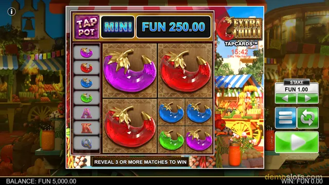 A slot game interface titled Extra Chilli TapCards shows a 2x3 grid of glossy chili pepper symbols with a side column of smaller symbols.