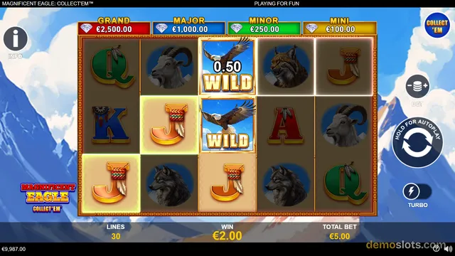 A 5x3 slot grid titled Magnificent Eagle: Collect 'Em shows symbols including wild eagles, lettered tiles, and animal portraits, with jackpot banners above and a win of 2.00 euros.