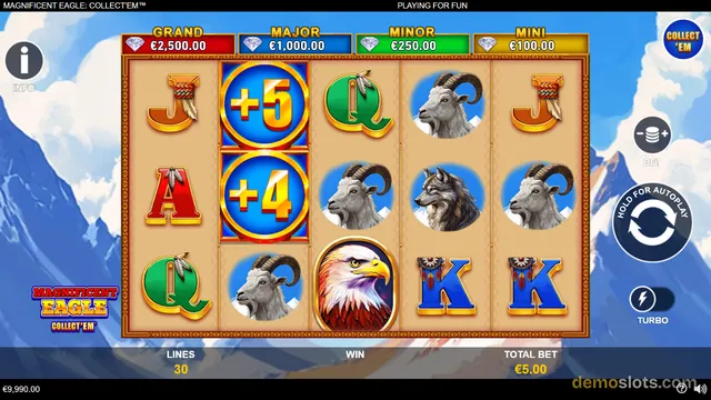 A 5x3 slot game grid showing a mix of letter symbols, animal symbols, and blue bonus symbols with plus numbers, set against a snowy mountain background.
