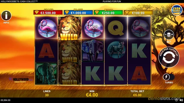 A 5x3 slot game grid showing African savanna animals and card symbols, with jackpot prizes displayed above the reels and a win of €4.00.