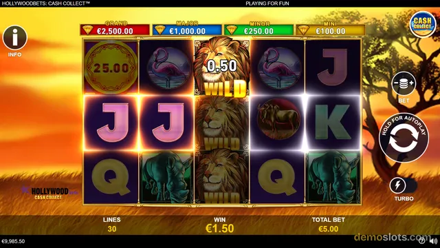 The slot game Hollywoodbets: Cash Collect is shown with a 5x3 grid of symbols, including a wild lion with a 0.50 multiplier, and a golden coin marked 25.00, with a win of €1.50 from a €5.00 total bet.