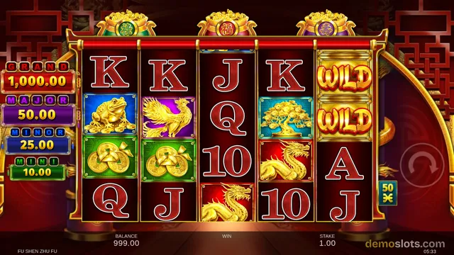 A 5x3 slot game grid with red and gold Chinese-themed symbols, showing a mix of card letters and gold animal icons, with jackpot values displayed on the left.