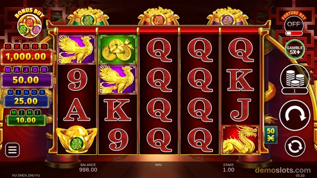 A settled 5-reel, 3-row slot grid with red and gold Chinese-themed symbols, jackpot values listed on the left, and a round spin button on the right.
