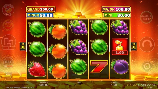 A 5-reel slot game grid showing fruit symbols with jackpot labels at the top and a golden background.