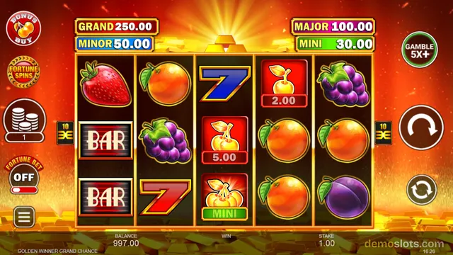 A 5x3 slot game grid shows fruit symbols including strawberries, oranges, grapes, plums, BARs, sevens, and golden bells, with jackpot labels above and a spin button on the right.