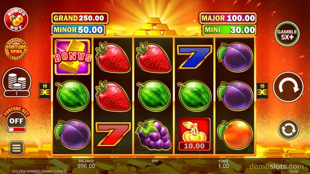 A 5x3 slot game grid showing fruit symbols with a golden jackpot pyramid above and a red-orange background.
