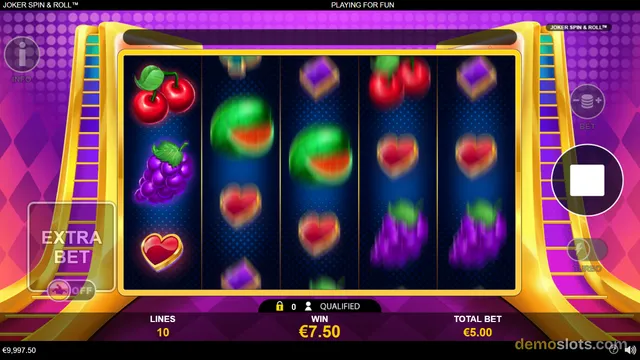 A 5-reel slot game titled Joker Spin & Roll shows a grid of fruit symbols with a win of 7.50 euros and a total bet of 5.00 euros.