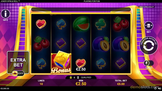 A 5x3 slot game grid with classic fruit symbols and a bonus symbol, showing a €2.50 win.