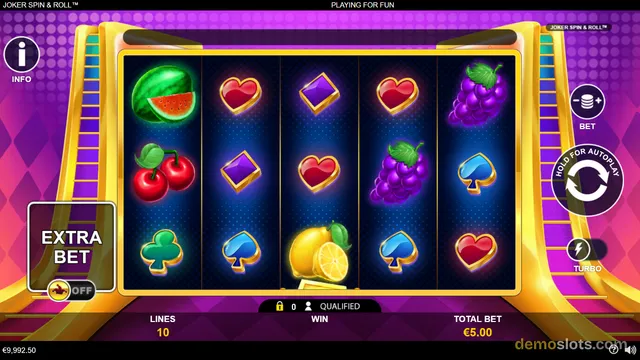 A bright slot game grid with five reels showing fruit and card symbols, surrounded by a purple background and golden frame.