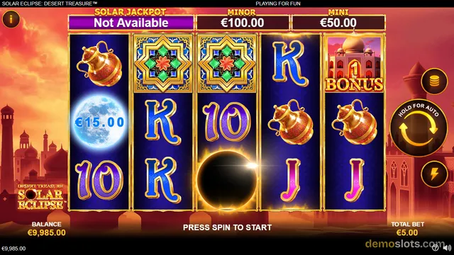 A 5x3 slot grid shows a moon symbol with a 15.00 win, a black eclipse symbol, and various royal-themed symbols against a desert sunset backdrop.