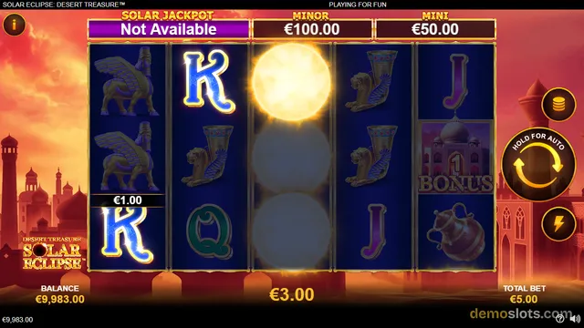 A 5-reel slot game titled Solar Eclipse Desert Treasure shows a sun symbol in the center reel with a glowing eclipse effect, surrounded by desert-themed symbols, with jackpot meters at the top showing Solar Jackpot Not Available, Minor €100.00, and Mini €50.00.