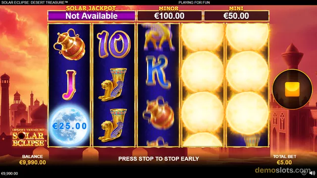 A slot game titled Solar Eclipse Desert Treasure shows a 5-reel grid with symbols including an urn, a moon, and playing card letters, with jackpot values displayed above.