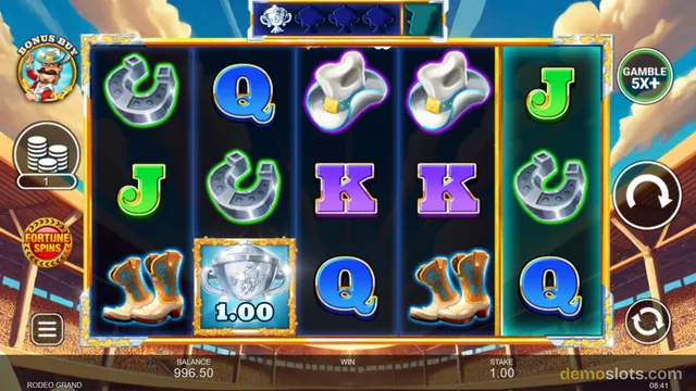 A 5x3 slot game grid titled RODEO GRAND shows a winning combination of a silver trophy symbol with a 1.00 payout, set against a background of a rodeo stadium.