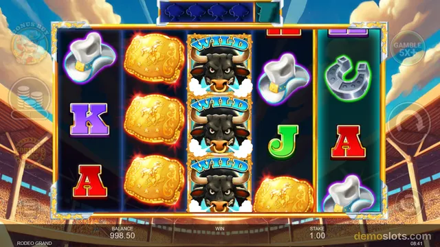 A 5x3 slot game titled RODEO GRAND shows a settled reel grid with a stacked column of wild bull symbols in the center, with cowboy hats, branded gold plaques, letters, and a horseshoe on the surrounding reels.