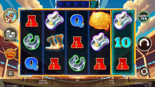 A 5-reel slot game grid is fully rendered with western-themed symbols on a dark background, with a stadium setting behind the reels.
