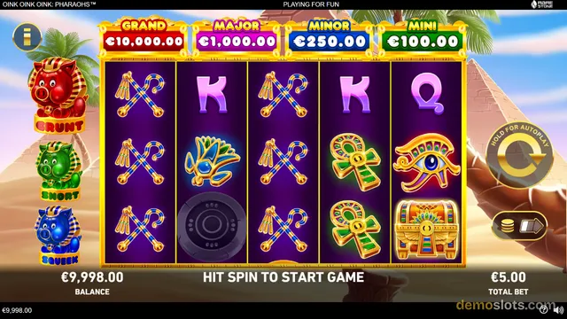 A 5-reel slot game titled Oink Oink Oink: Pharaohs shows a settled grid of Egyptian-themed symbols with jackpot values displayed above the reels.