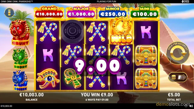 Slot game reels showing a win of 9.00 with symbols including crossed scepters, a wild pig, and a purple K.