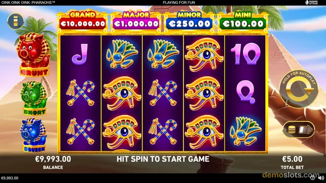 A slot game grid shows Egyptian-themed symbols on a 5x4 layout with jackpot labels above and a spin button on the right.