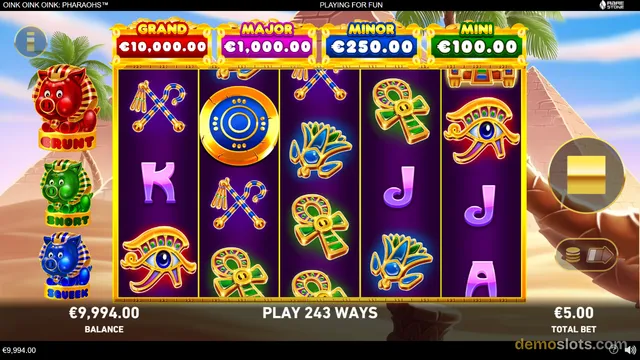 A 5-reel slot game titled OINK OINK OINK: PHARAOHS shows Egyptian-themed symbols on a purple grid, with jackpot values displayed at the top.