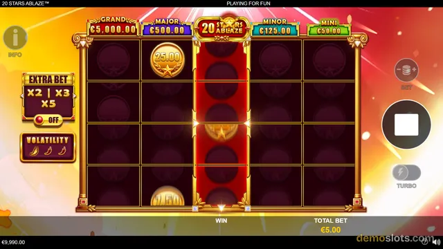 A 5x5 slot grid titled 20 STARS ABLAZE with a gold coin symbol and a red vertical column, set against a radiant orange and yellow background with jackpot banners above the reels.