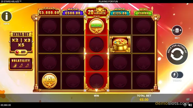 A 5x4 slot game grid titled 20 STARS ABLAZE displays jackpot values at the top and a central red column with a MINI symbol.