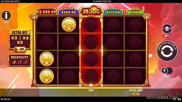 A 5x4 slot grid with dark red empty cells and several gold coin symbols, set against a fiery background with jackpot displays above the reels.