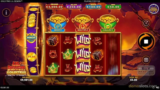 A slot game titled Gold Trio: Lil Demon shows a 5x3 grid of symbols with three stacked wilds on the middle reel, three gold-filled pots labeled Boost, Multiply, and Collect above the reels, and jackpot prizes displayed at the top.