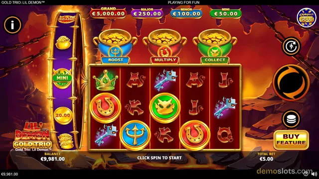 A slot game titled Gold Trio: Lil Demon shows a 5x3 reel grid with demon-themed symbols and a golden pot feature above the reels.