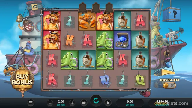 A 5x4 slot game grid showing pirate-themed symbols including a tattooed pirate, a crab, a green octopus, a bottle of rum, and a treasure chest, with a Buy Bonus button on the left and a Special Bet toggle on the right.