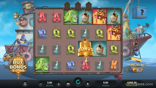 A 5x4 slot game grid with cartoon sea-themed symbols and a Buy Bonus button on the left, set against a background of two ships.