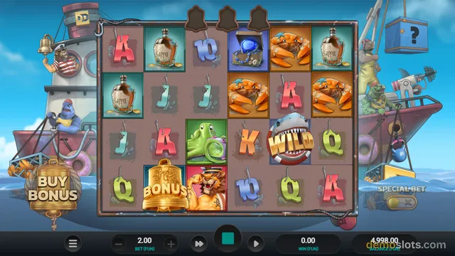 A 6-reel slot game shows a grid of symbols including a WILD shark, a BONUS bell, a pirate cat, and various letter symbols, set against a background of ships and sea creatures.