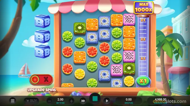 A brightly rendered slot game screen showing a grid of fruit symbols on a tropical beach background with a market stall theme.