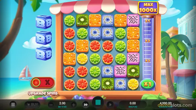 A 6x6 grid of colorful fruit symbols is displayed within a shop-themed frame, with a multiplier meter on the right and 'MAX 1000x' text above.