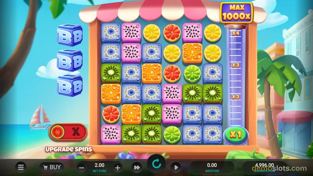 A 6x5 grid of fruit and tile symbols is displayed in a slot game with a tropical beach background, including a visible multiplier meter and bet controls.