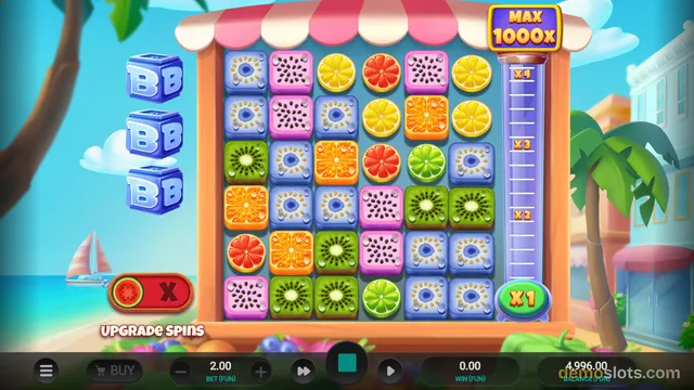 A slot game screen displays a 6x5 grid of fruit and cube symbols with a 'MAX 1000x' sign above the reels.