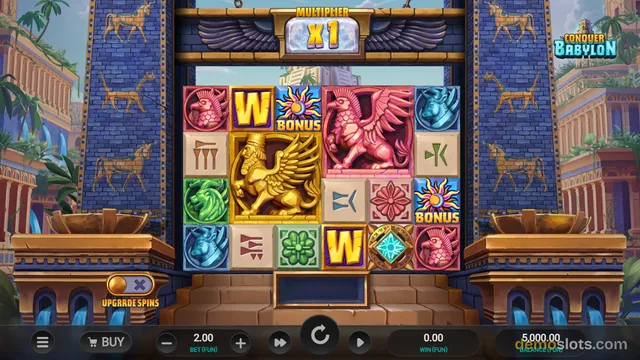 A fully rendered 5x4 slot grid shows Babylonian-themed symbols including golden and pink winged lions, a W logo, and a sun bonus icon against a background of blue brick walls and a city skyline.