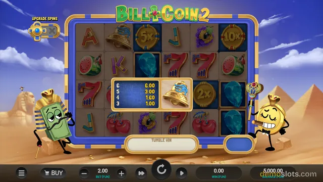 A screenshot of the slot game Bill & Coin 2 showing a 6x4 grid of Egyptian-themed symbols with a central paytable popup and cartoon characters on either side.