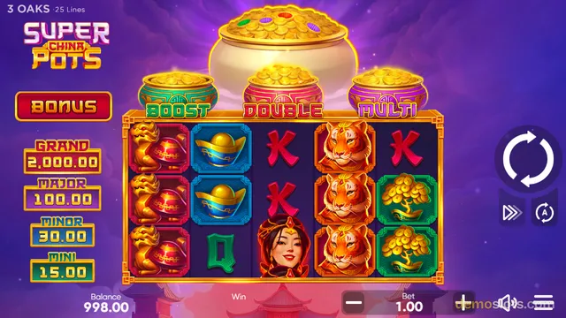 A brightly rendered slot game screen titled 'Super China Pots' showing a 5x3 grid of symbols against a purple background.