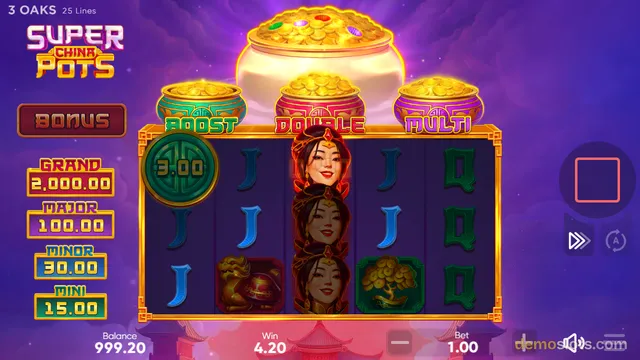 A fully rendered screenshot of the slot game Super China Pots by 3 Oaks, showing a 5x3 grid with a vertical stack of female face symbols in the center column and a green coin symbol displaying a 3.00 win on the left.